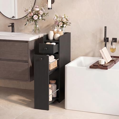 COSTWAY Slim Bathroom Cabinet, Freestanding Narrow Organizer, Black | 7" Wide Space-Saving Storage with 2-Tier Slide-Out Drawer, Shelf & Toilet Paper Holder, for Bathroom, Laundry & Small Spaces - color: Black