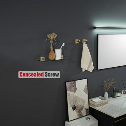 JQK Bathroom Glass Shelf, Floating Tempered Glass Shower Storage 16 by 5 inches, 304 Stainless Steel Champagne Bronze Wall Mount, TGS201L16-CB - color: Champagne Bronze, size: 16 Inch