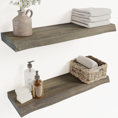Howizz 24'' Live Edge Floating Shelves for Wall, Acacia Wood Wall Mounted Shelves with Invisible Brackets, Rustic Wooden Shelf Set of 2 for Living Room, Bedroom, Bathroom, Kitchen Decor, Mocha Finish - color: 6. Live Edge - Mocha, size: 24"