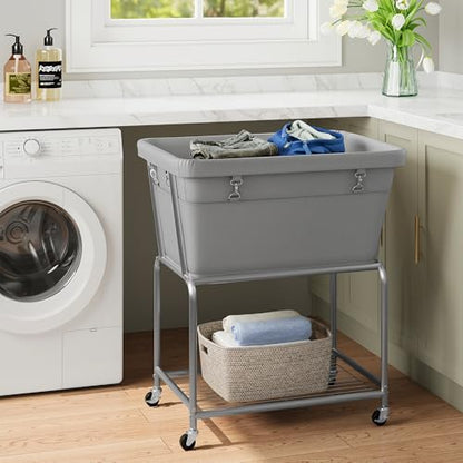 ELYKEN Rolling Laundry Hamper with Wheels, Removable Bag, Laundry Cart | 32-Gallon (122L), 2-Tier Clothes Basket with Shelf, Metal Frame, Ideal for Closet, Bedroom, Bathroom & Laundry Room, Gray - color: Gray, size: 27.4"L x 19.9"W x 30.9"H