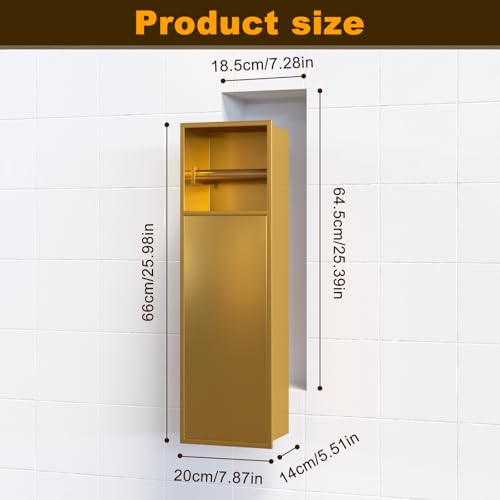 Recessed Toilet Paper Holder, in Wall 25" X 7" Toilet Paper Holder Storage, 304 Stainless Steel Tissue Roll Dispenser, Niche Shelf for Bathroom Space Saving Design, Gold