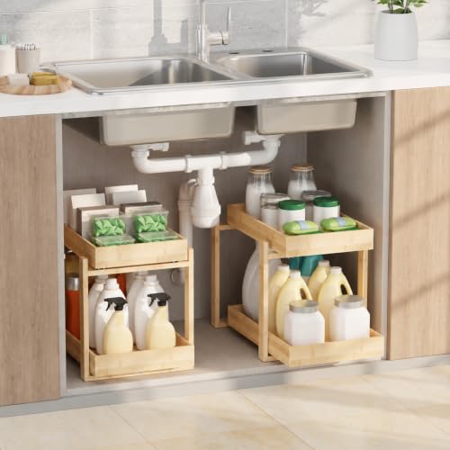 APRTAT 2 Pack Bamboo Under Sink Organizer, 2-Tier Pull Out Storage Drawers | Smooth pull-out drawers keep cleaners and tall bottles visible, organized and easy to reach in kitchen or bathroom cabinets - color: Natural, size: 2 Pack