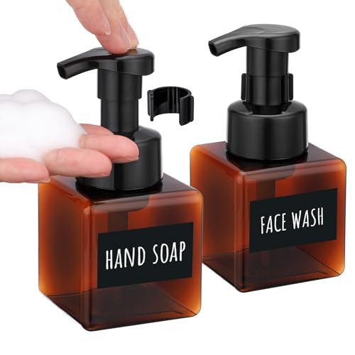 Segbeauty 8.5oz Foam Amber Soap Dispenser Set, 2pcs Refillable Foaming Shampoo Bottle with Pump, 250ml Square Bathroom Body Wash Bottles Foamer with Labels, Small Plastic Liquid Soap Dispenser Kitchen - color: Amber, style: 2pcs 8.5oz