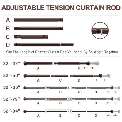 TEECK Shower Curtain Rod, 32-50 inch Adjustable Tension Spring, 1 Inch Shower Curtain Rod Tension, Anti-Slip, Rust-Proof, No Drilling, for Bathroom, Brown - color: Brown, size: 32-50 Inches
