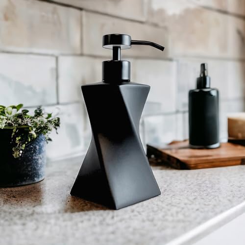 Modern Black Soap Dispenser with Black Stainless Steel Pump, 8.5oz | Modern Mid Century Decor, Matte Black Pump, Unique Twisted Liquid Soap Dispenser for Bathroom & Kitchen