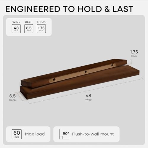 48 inch Walnut Floating Shelf, High End Solid Real Wood Large 48inch Floating Shelves for Wall, Dark Brown 48 inches Long Floating Shelves, Heavy Duty Bracket, 48 X 6.5 X 1.75 inch, Set of 2 - color: American Walnut - Satin Dark Tone, size: 48 inch