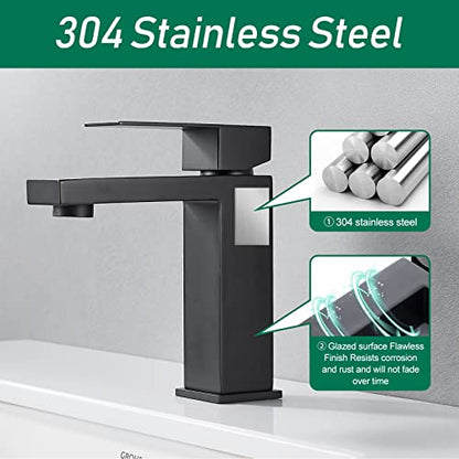VOTON Bathroom Faucet Matte Black Bathroom Faucet 1 Hole, Stainless Steel Vanity Faucet for Bathroom Sink with Deck Plate Water Supply Hoses - color: B-Matte Black, style: Without Drain