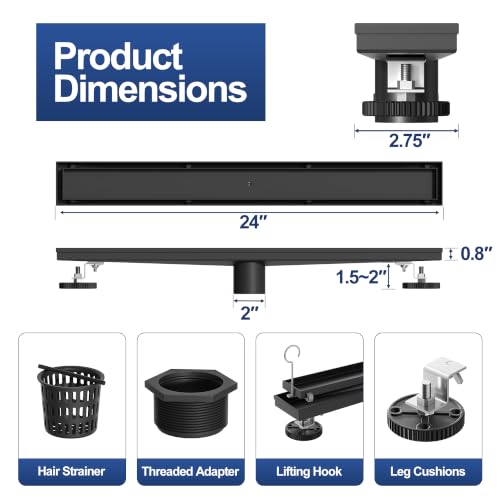 Neodrain 24-Inch Linear Shower Drain-Matte Black,with Tile Insert Grate | 304 Stainless Steel, Fast Drainage, Rectangle Shower Floor Drain with Leveling Feet & Hair Strainer, Fits Bathroom, Balcony - color: Matte Black, size: 24 IN