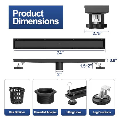 Neodrain 24-Inch Linear Shower Drain-Matte Black,with Tile Insert Grate | 304 Stainless Steel, Fast Drainage, Rectangle Shower Floor Drain with Leveling Feet & Hair Strainer, Fits Bathroom, Balcony - color: Matte Black, size: 24 IN