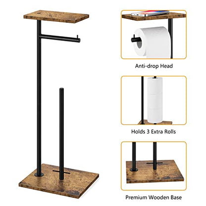 Rustic Brown Farmhouse Toilet Paper Dispenser - FreeStanding Tissue Roll Holder with Shelf for Bathroom Toilet Paper Storage - color: Brown