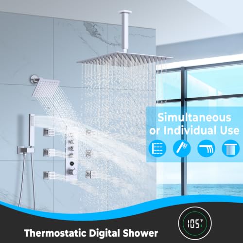 Full Body Dual Heads Rain Shower System with Jets Can Run Together | 4-way Thermostatic Digital Shower Faucets Set, 12" + 6" Tilted Shower + 6 Body Sprays + Handheld, Brushed Nickel - color: Brushed Nickel, style: 12” + 6" + 6 Jets