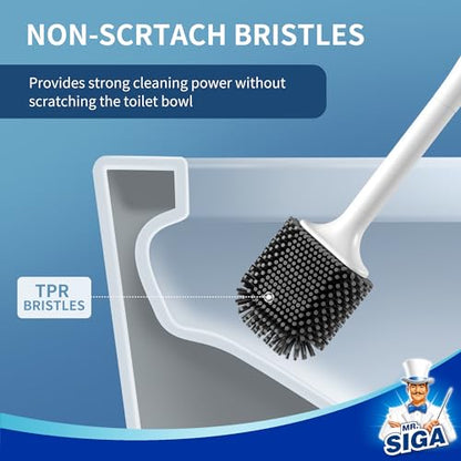MR.SIGA Toilet Brush and Holder Wall Mounted, White, 1 Pack | Compact space saving toilet cleaner brush, scratch free thermoplastic rubber head, easy to clean and dry quickly - color: White