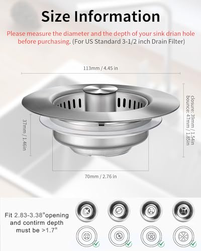 3 in 1 Kitchen Sink Drain Strainer [304 Stainless Steel Pop Up] Anti-Clogging Kitchen Sink Drain Stopper Stainless Steel Efficiently Drainage Odor Filter Sink Plug for Us Standard 3-1/2 Inch - style: SUS304 Drain Strainer-1Pack
