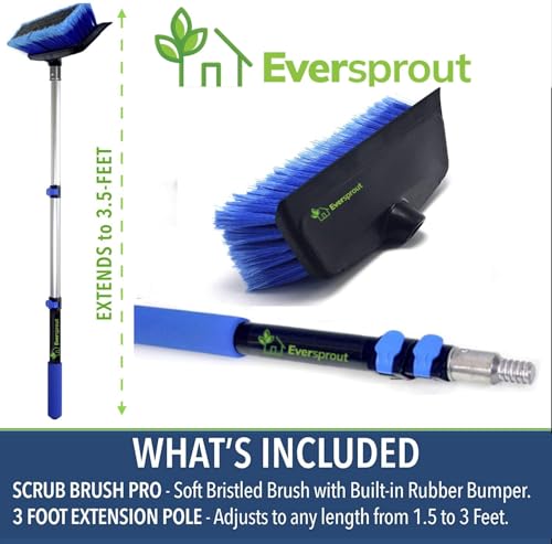 EVERSPROUT Scrub Brush, 1.5 to 3ft Pole, Rubber Bumper, No-Scratch | For Cars, Trucks, RV, Boats, Driveways, Decks, Patios, Decks, House Siding, 8-10ft Standing Reach, Non-Slip Grip, Lightweight - size: 3 feet