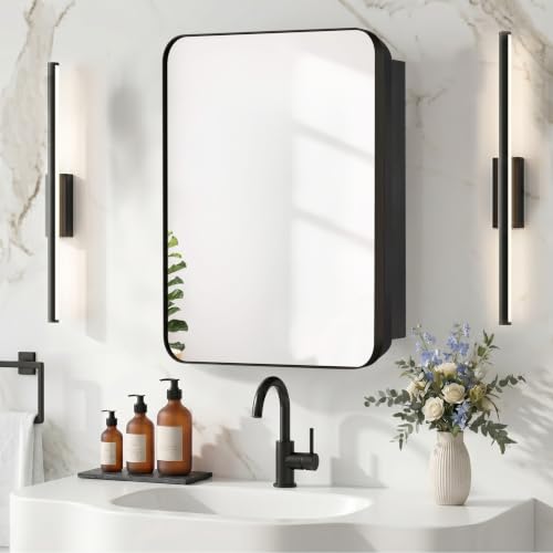 Bathroom Medicine Cabinet with 16"x26" Stainless Steel Framed Mirror,Recessed or Surface Mounted Bathroom Mirror Cabinet,Storage Cabinet for Bathrooms, Guest Rooms, Apartments, Farmhouse Decor - color: Dark Gray, size: 16"x26"