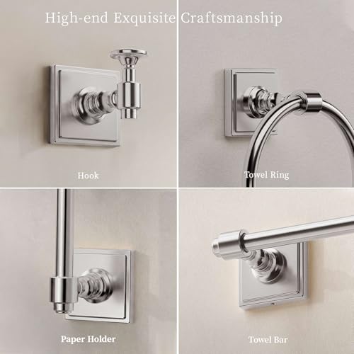VEHCIL Brushed Nickel Bathroom Accessories Set, 5-Piece Bathroom Hardware Set, 24 Inch Towel Bar, SUS304 Stainless Steel, Towel Racks for Bathroom Wall Mounted Towel Ring Toilet Paper Holder Hooks - color: Brushed Nickel