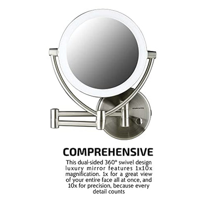 Ovente 7.5" Lighted Wall Mount Makeup Mirror, 1X & 10X Magnifier, Spinning Double Sided Round LED w/ Dimmer Switch, Extend, Retractable & Folding Arm, Battery USB Powered Nickel Brushed MLW75BR1X10X - color: Nickel Brushed, size: 10.3"L x 12.4"W, style: 1