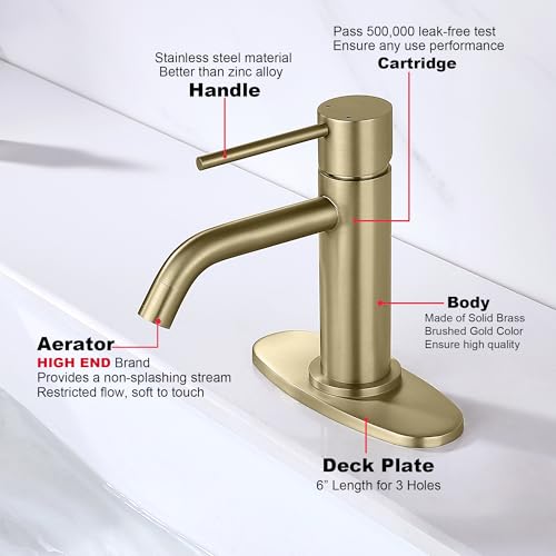 Brushed Gold Single Hole Bathroom Faucet, cUPC NSF Certificate Faucet | Brass Single Handle Bathroom Sink Faucet with Pop Up Drain Assembly and Deck Plate, 1 Handle Faucet for Vanity RV Restroom - color: Brushed Gold, size: Faucet with Deck Plate