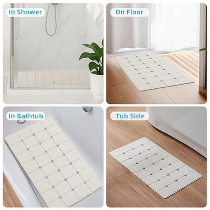 Non-Slip Silicone Bathtub Mat, Foldable Bath Tub Mat, 14.9 x 27.5in, Beige | Bathroom shower mat with suction cups, Machine Washable, Durable & Eco-Friendly, Large Drain Holes, Ideal for Family Use - color: Beige