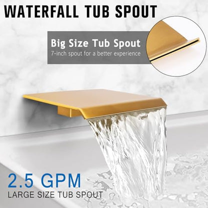 12 Inch Rainfall Shower System with Tub Spout Wall Mounted Complete Combo with Solid Brass Pressure Balancing Valve, High Pressure Shower Head, Handle Set & Installation Accessories - color: Brushed Gold