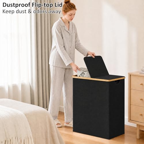 efluky Laundry Hamper with Lid, Double Laundry Basket with 2 Removable Bags, 2 Section Laundry Bin with Bamboo Handles for Bathroom, Bedroom & Laundry Room, 170L (44.9 Gallon) Black - color: Black, size: 170L Dual