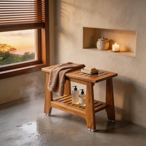 NNN 24" Commercial Heavy Duty Teak Shower Bench, Patented, Non-Slip Stable | with 8 Japan-Made Non-Slip Leveling Feet, Mortise-Tenon Legs 350lb, Pre-Oiled European Teak Oil, Marine-Grade Hardware - size: 24"W x 12.6" Dx 18"H