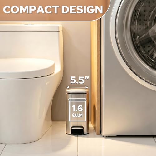 Small Bathroom Trash Can w/Lid Soft Close, 6 Liter/1.6 Gallon Stainless Steel Garbage Can w/Inner Bucket, Trash Bin Waste Basket for Kitchen, Bedroom, Living Room, Office, Toilet, Silver - color: Silver