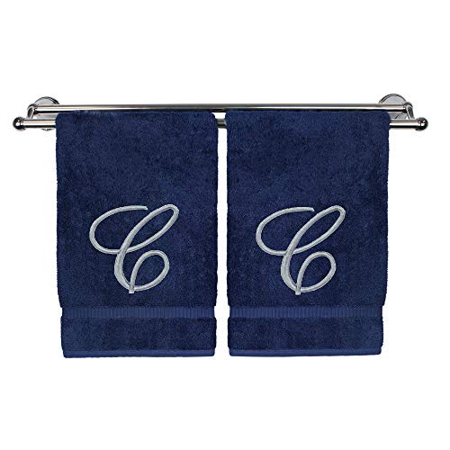 BC BARE COTTON Monogrammed Hand Towel, Navy, 16 x 30 Inches - Set of 2, Extra Absorbent 100% Turkish Cotton, Soft Terry Finish, Personalized Gift - color: Silver on Navy, style: Initial C