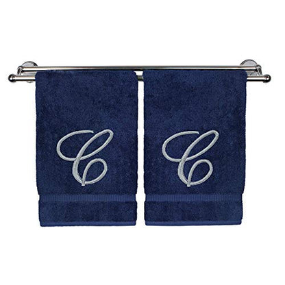 BC BARE COTTON Monogrammed Hand Towel, Navy, 16 x 30 Inches - Set of 2, Extra Absorbent 100% Turkish Cotton, Soft Terry Finish, Personalized Gift - color: Silver on Navy, style: Initial C