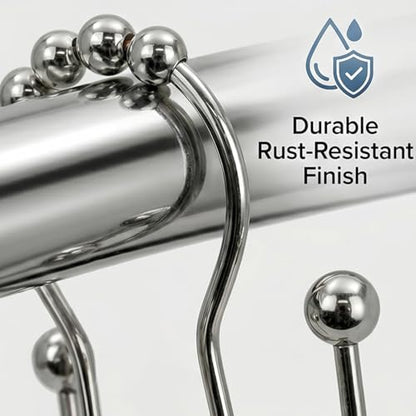 12Pcs Stainless Shower Curtain Hooks,Rust Proof Anti-Drop Curtain Hooks,Sturdy Metal Shower Curtain Rings,Glide Roller Double Shower Hooks,Smooth Sliding Rings for Bathroom Shower Rods Curtains,Silver