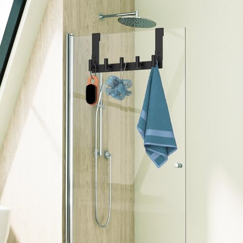 WUIVIUT Over The Shower Wall Hook, Shower Glass Door Hook Frameless fit for 3/8" (10mm) Thick, Towel Hold for Bathroom,Coat Hooks for Robe (T Shape, 5 Hook) - size: T Shape, 5 Hook
