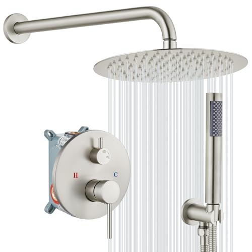 gotonovo Shower Faucet Set with Rough-in Valve Trim Kit,Brushed Nickel | 10 Inch Round Rain Showerhead with Handheld Spray,Bathroom Wall Mount Shower System Complete Combo,2-in-1 Diverter,All Metal - color: Nickel