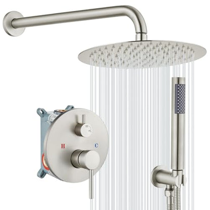 gotonovo Shower Faucet Set with Rough-in Valve Trim Kit,Brushed Nickel | 10 Inch Round Rain Showerhead with Handheld Spray,Bathroom Wall Mount Shower System Complete Combo,2-in-1 Diverter,All Metal - color: Nickel