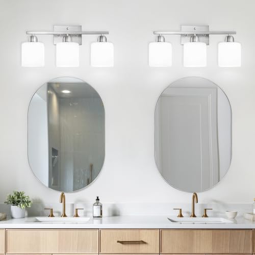 Brushed Nickel Bathroom Light Fixture, Anti-Rust Finish 3 Light Vanity Lights for Bathroom, Bath Lights with Milky White Frosted Glass Shades, E26 Socket - color: Nickel & Milky White Glass, size: 3-Light