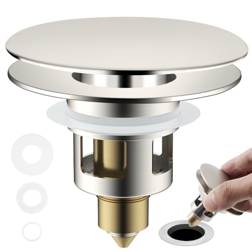 Universal Bathroom Sink Drain Stopper Strainer, Big Cover, Brushed Nickel | 2 in 1 Pop Up Sink Stopper for 1.1''~2.36'' Sink Basin Hole, Hair Catcher with Removable Stainless Steel Filter Basket - color: Brushed Nickel
