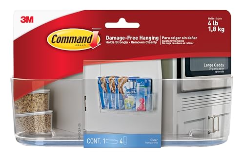 Command Large Caddy, Holds up to 4 lb, 8.6" x 3.1" x 3", 1 Caddy with 4 Strips, Damage-Free Organization Wall Mount to Cabinet, Kitchen, Pantry, Closet, or Under Sink - color: Clear