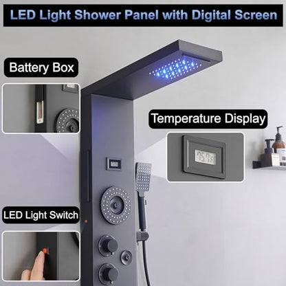 Black Shower Panel Tower System LED Rainfall Waterfall Head | 6 Functions,Rain Massage,Body Jets,Handheld Shower,Tub Spout,Temperature Display,Wall Mount, Stainless Steel Shower Panel - color: Matte Black, style: Shower Panel-LED