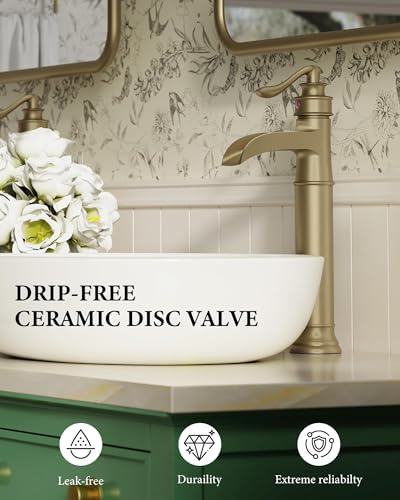 Homevacious Vessel Sink Faucet Brushed Gold Waterfall Tall Bathroom Faucet | Single Handle 1 Hole Bowl Sink Faucet with Pop Up Drain Assembly and Water Supply Hose Commercial Lavatory Mixer Tap - color: Brushed Gold