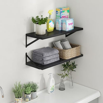 Deep Floating Shelves - 30 Inch Black Floating Shelves Set of 2-12 Inch Deep Wood Wall Shelves for Living Room Bathroom Kitchen - color: Black, size: 30W x 12D