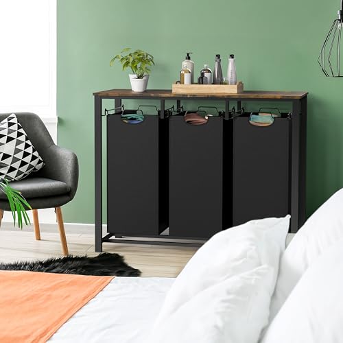 Simple Houseware 3-Section Laundry Sorter w/Tabletop Shelf, Rustic Brown | 3 Pull-Out,10-Gallon Hampers, Metal Frame Laundry Organizer for Bedroom, Bathroom,