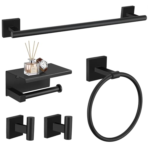 TURS 5-Pieces Matte Black Bathroom Hardware Set 23.6 Inch SUS304 Stainless Steel Towel Bar Set Wall Mounted Square Toilet Paper Holder with Shelf - color: Matte Black, size: 5-Pieces Set