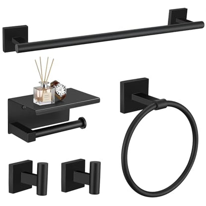 TURS 5-Pieces Matte Black Bathroom Hardware Set 23.6 Inch SUS304 Stainless Steel Towel Bar Set Wall Mounted Square Toilet Paper Holder with Shelf - color: Matte Black, size: 5-Pieces Set