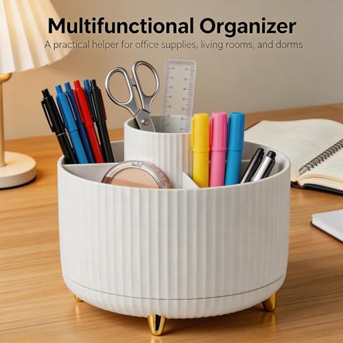 360 Rotating Makeup Brush Holder Organizer, 5-Slot White Spinning Cup for Women, Vanity Desk & Bathroom Storage for Cosmetics and Beauty Tools Accessories