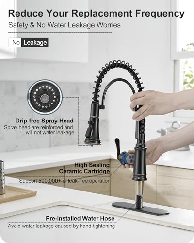 3 Modes Bronze Kitchen Faucet with Pull Down Sprayer, Single Hole Kitchen Sink Faucet 3 Hole, Stainless Steel High Arc Spring Style, 360 Degree Swivel with One Handle & Deck Plate for Farmhouse - color: Oil Rubbed Bronze - Antique