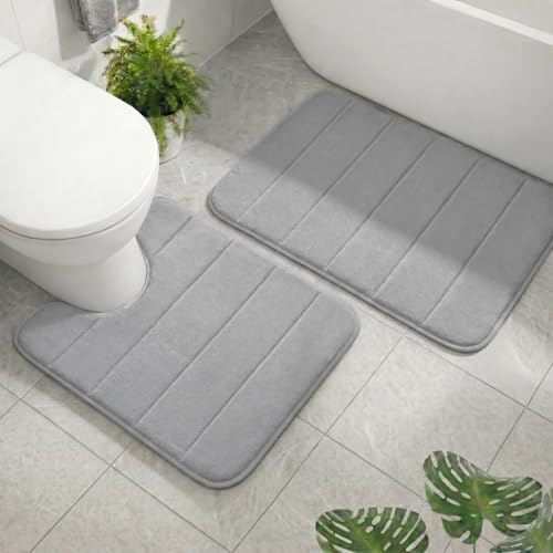 2 Piece Memory Foam Bath Mat Set, Extra Soft Absorbent Bathroom Rugs with U-Shaped Toilet Rug, Non-Slip Backing, Machine Washable, 24x16 + 20x20 U-Shaped, Gray - color: Grey
