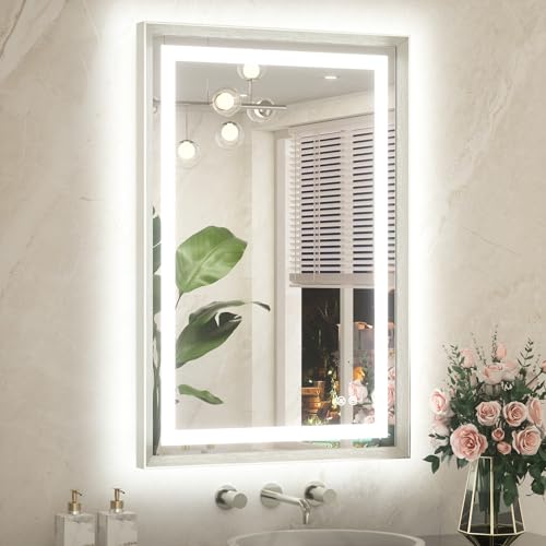 24 x 36 Bathroom LED Mirror Brushed Nickel Metal Frame Frontlit & Backlit Vanity Mirror Anti-Fog Stepless Dimmable 3 Colors White/Warm/Natural Mirror with Lights Wall-Mounted