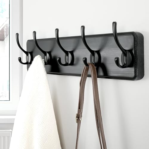 Coat Rack Wall Mount: Modern, Patented, Heavy-Duty, 17.4" Long 5-Double-Hooks Wooden Hanger Hook Rail for Winter Coats Hat Jacket Clothing, Black - color: Black, size: L=17.4" (1pcs)