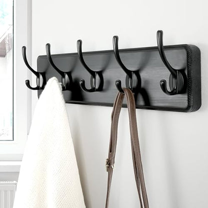 Wall Mounted Coat Rack: Patented, Heavy-Duty, 17.4" Long 5-Double-Hooks Wooden Hanger Rail for Winter Coats, Hats, Jackets, Clothing - Black, Pack of 2 - color: Black, size: L=17.4" (2pcs)