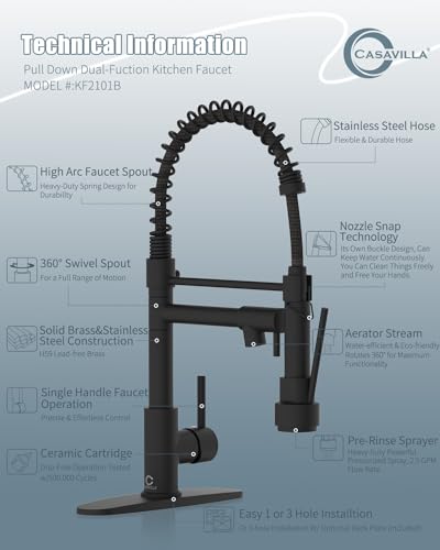 Kitchen Faucet with Soap Dispenser, Single Handle Spring Kitchen Sink Faucets with Pull Down Sprayer and Deck Plate,Black Faucet for Camper Farmhouse RV Kitchen Sink,Dual Function Spray Head - color: A.Matte Black, style: 1.Faucet+Soap Dispenser+Hole Cove