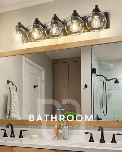 5-Light Matte Black Bathroom Vanity Light, Clear Glass Globe Shade | 32" modern bathroom light fixtures over mirror, E26 base, bulbs not included, VL195-MB-CL-5 - color: Black, Clear Glass, size: 5-light